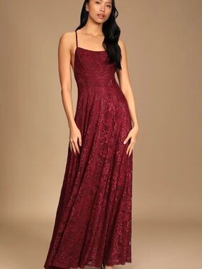 Lulu's Burgundy Lace Spaghetti Strap Maxi Dress